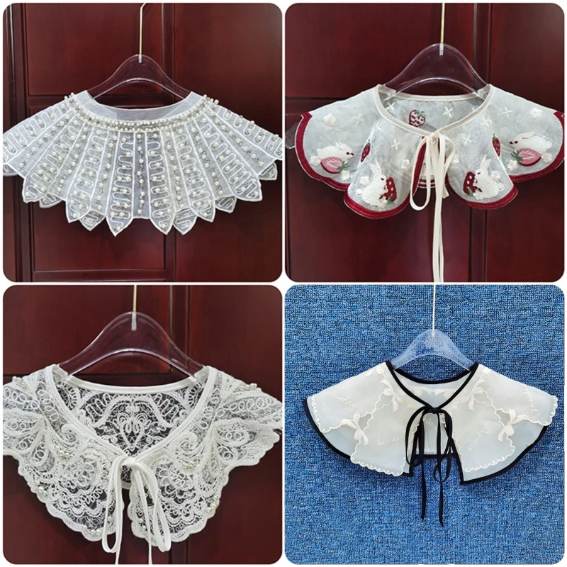 

Women Elegant Organza Fake Collar Shawl Embroidery Pearl Beading Mini Capelet