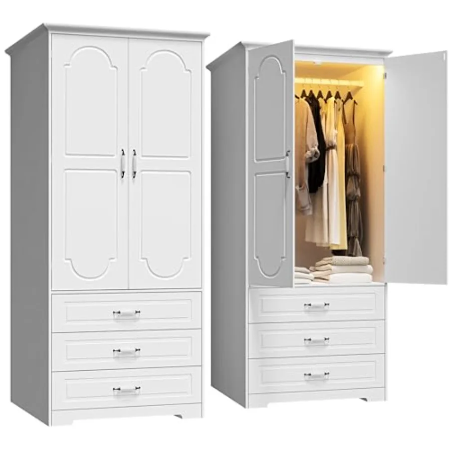 

72-Современный деревянный шкаф-купе с 3 ящиками, светодиодное освещение, съемный подвесной стержень, керамические дверные ручки в стиле ретро, белый плавник