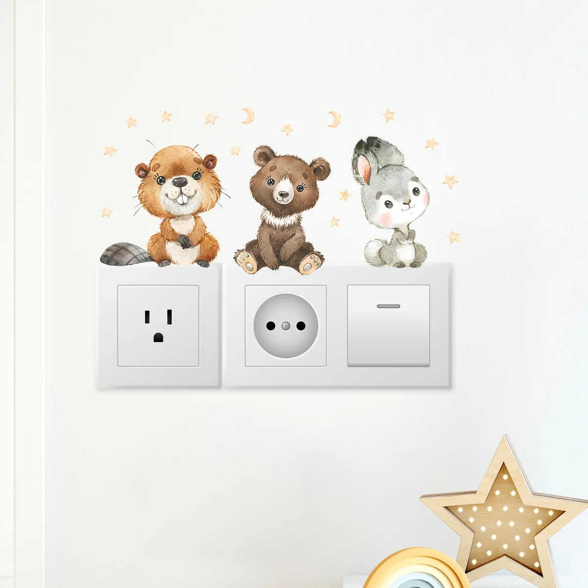 Kawaii Fox Raccoon Rabbit Wall Switch Stickers Self Adhesive Peel and Stick for Home Plug Cover Aesthetic Decor