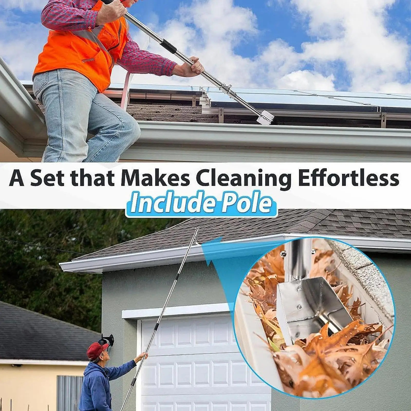 Gutter Cleaning Tools with Pole, Brush, Spoon Home Gutter Cleaner Adjustable Angle for Living Room Kitchen Bedroom Household