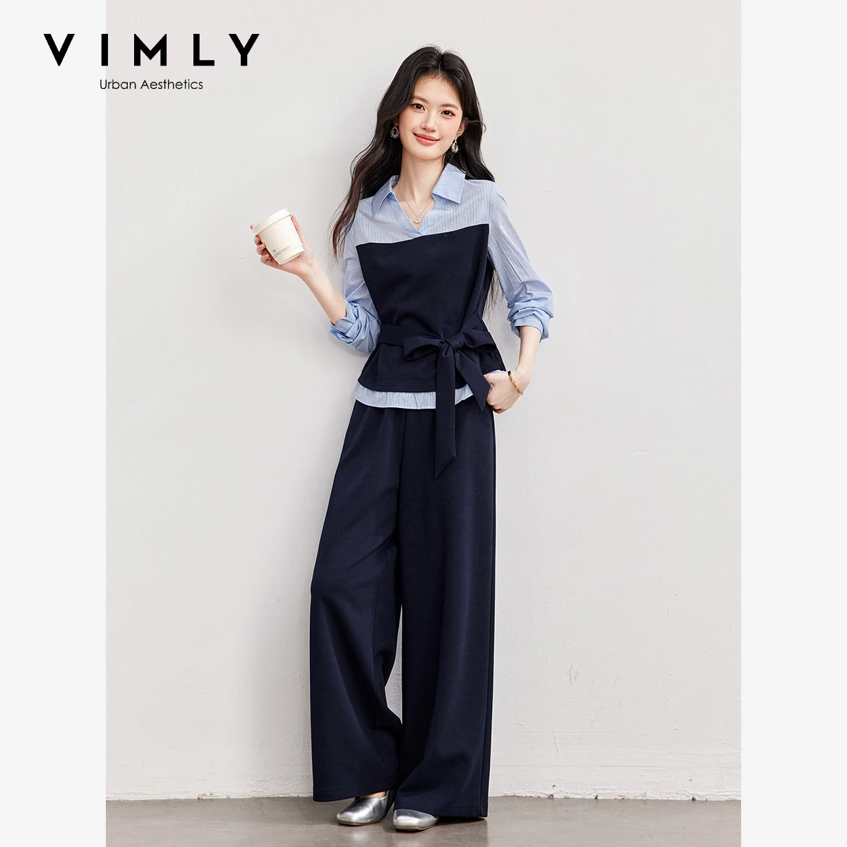 VIMLY Two-piece Set for Women Autumn 2026 Fashion Casual Commuter Long Sleeve Striped Shirt Wide-leg Pants Outfit Female A7188