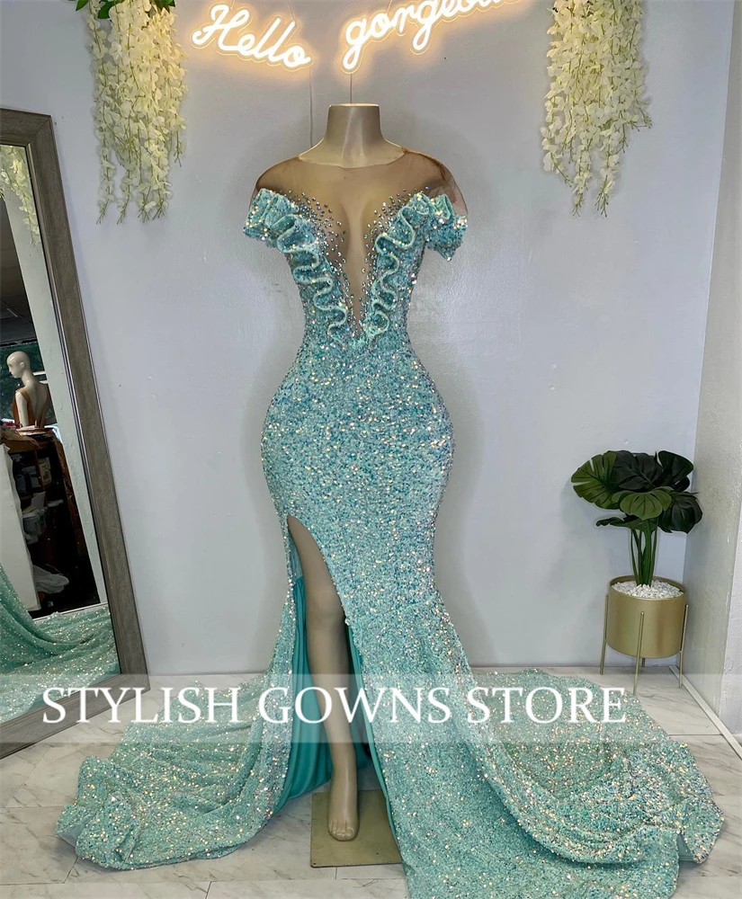 Sparkly Lake Blauw O Hals Lange Prom Jurken Voor Zwarte Meisjes Lovertjes Avondjurken Ruches Formele Kleding Kralen Hoge Split robe De