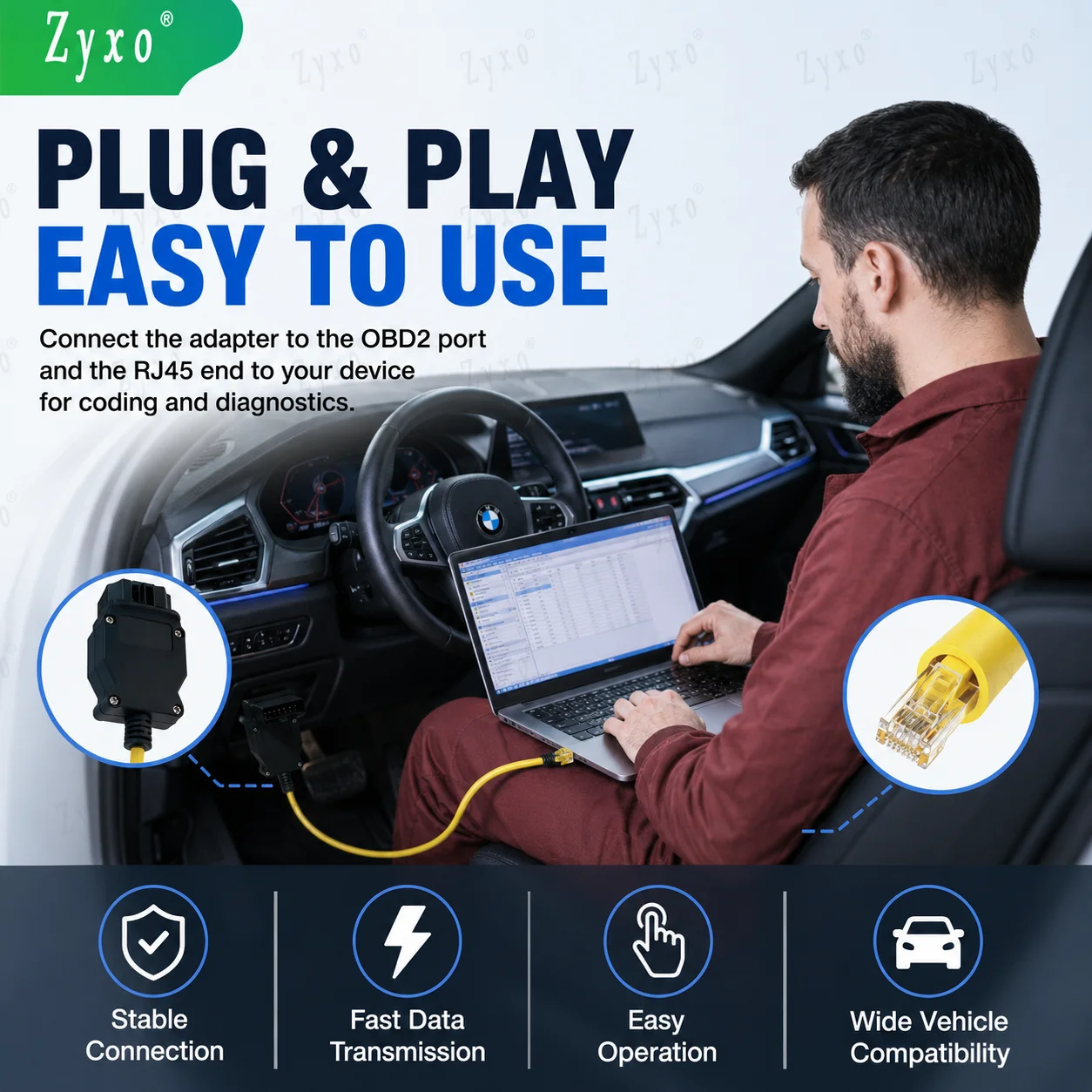 Zyxo® ENET Cable OBD2 Ethernet RJ45 Adapter for BMW F Series Coding Programming Diagnostic Interface ISTA E-SYS OBDII Tool - view 2