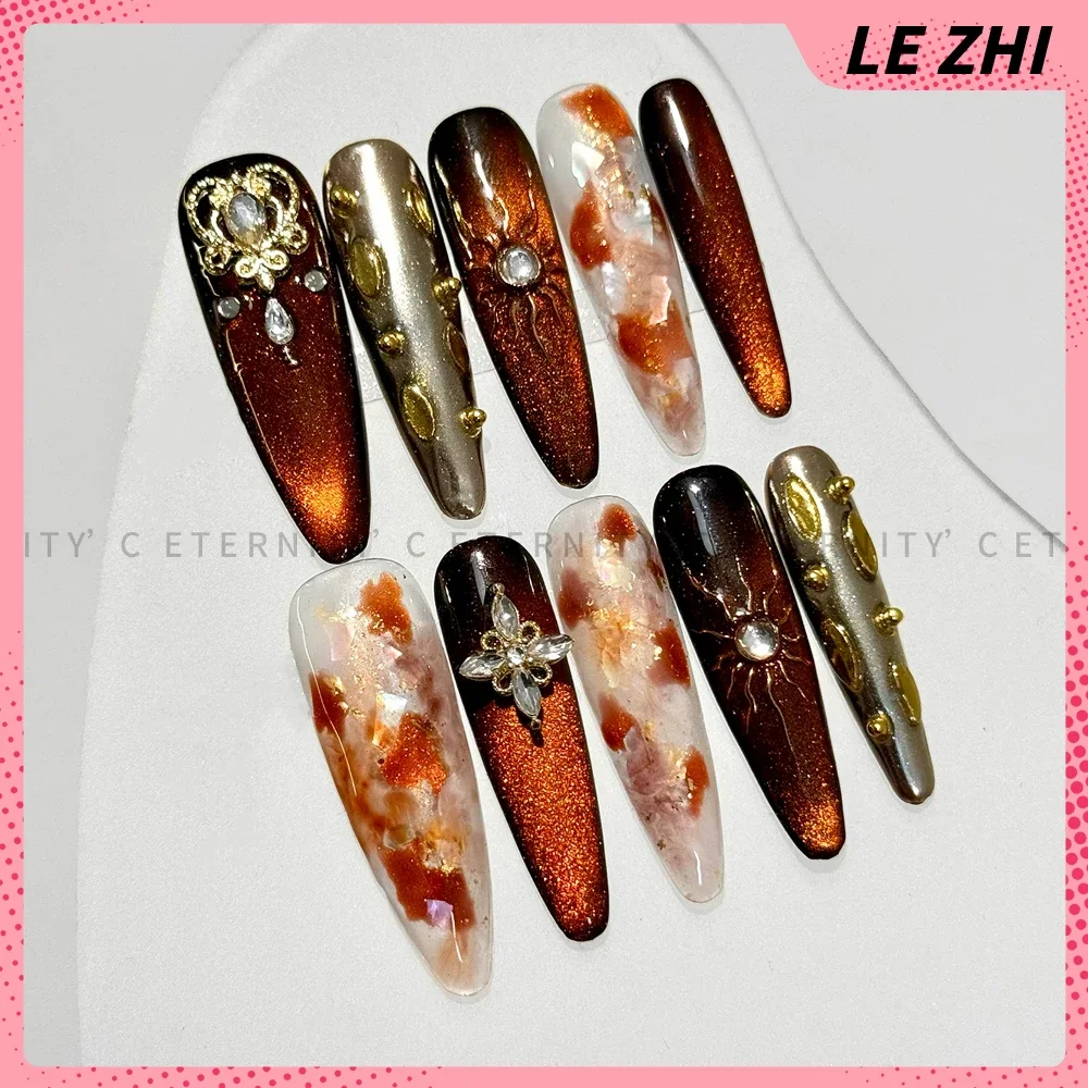 10Pcs Light Luxury Cat Eyes Flower Long Coffin Stilettos Handmade Fake Nails High Quality Bowknot Diamond Pearl Press On Nails