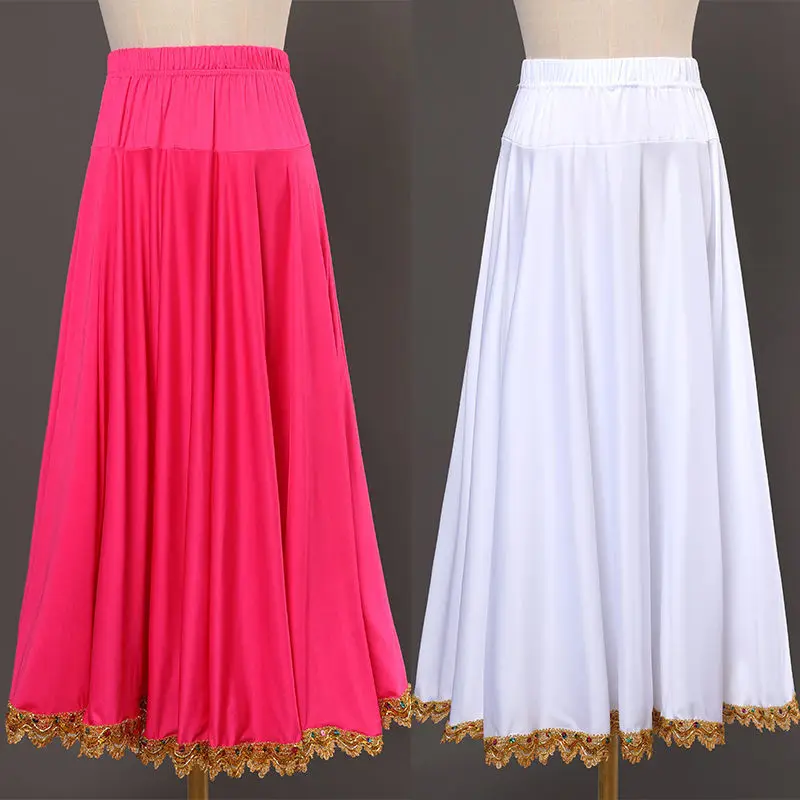 الذهب بوردي قاعة الرقص التنانير الطويلة عالية الخصر مطاطا حزام كشكش أداء زي المرأة الإسبانية الفلامنكو سوينغ تنورة #3