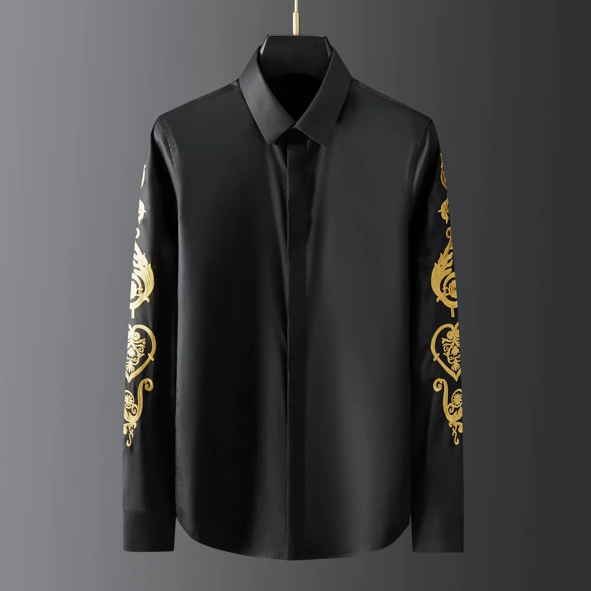 Spring New Brand High end Men's Arms Royal Flower Exquisite Embroidered Long sleeved Shirt Youth Casual Wear