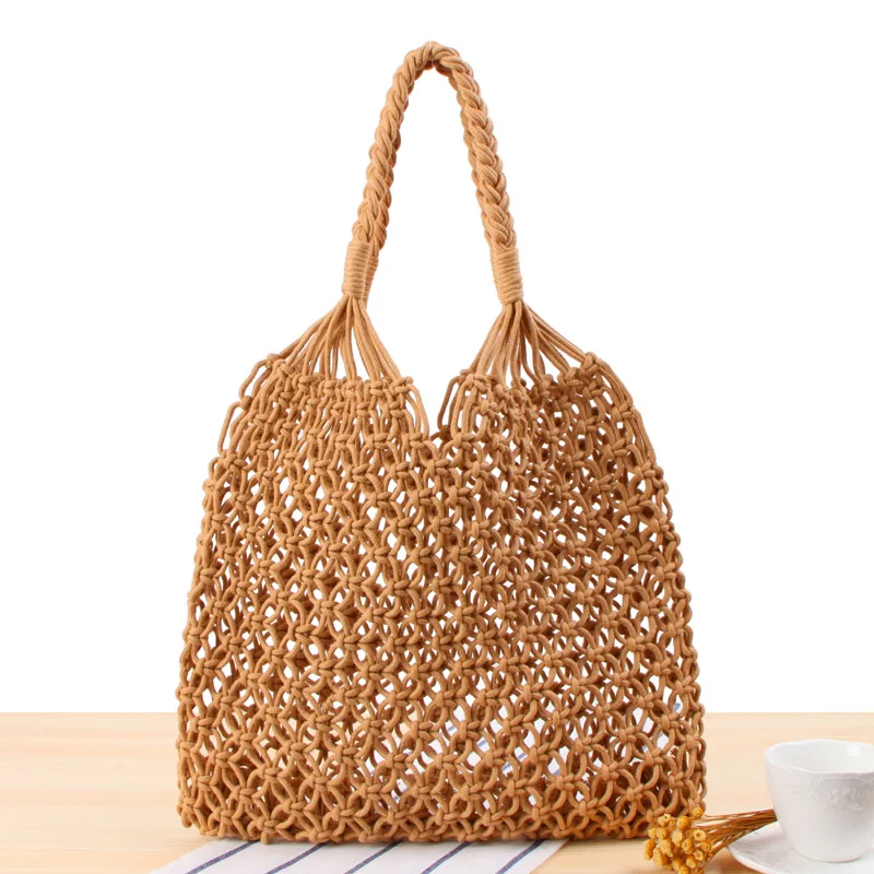 Bolsa de praia com rede de pesca feminina, bolsa de ombro retrô tecida à mão, estilo boêmio, casual, para férias