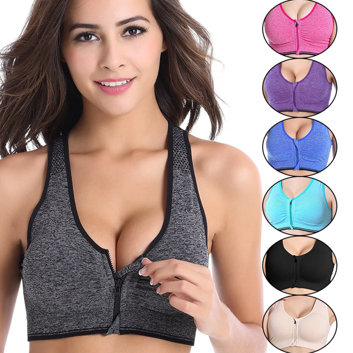 

Women's Wireless Padded Front Zipper Push Bra Rose Size Breathable Running Gym Fitness Bra Support Bras