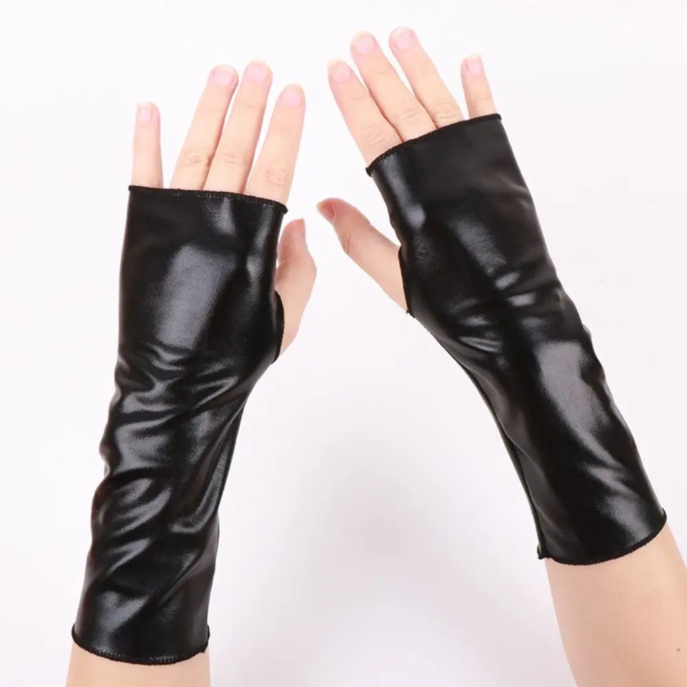 1 Pair Glossy Finish Fingerless Gloves Punk Style Thin Black Leather Gloves Imitation Leather Girl's Sleeve Set