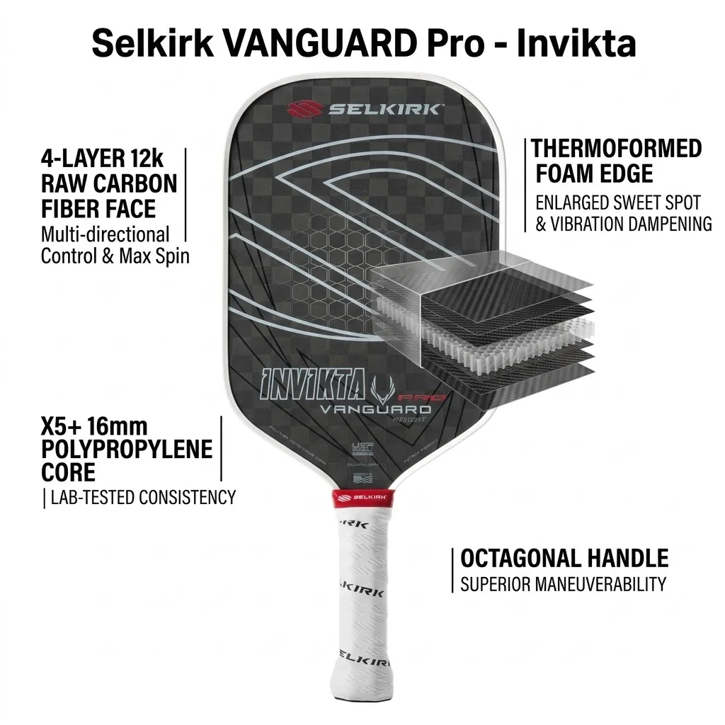 

Ракетка для пиклбола Selkirk Vanguard Pro Invikta 12K из необработанного углеродного волокна, 16 мм, с сотовым сердечником, термоформованным краем, для высокой вращимости мяча