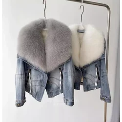 Winter New Large Size Faux Fur Snow Parka Removable Fur Cowboy Denim Jacket Women's Down Cotton Cotton Outerwear Women