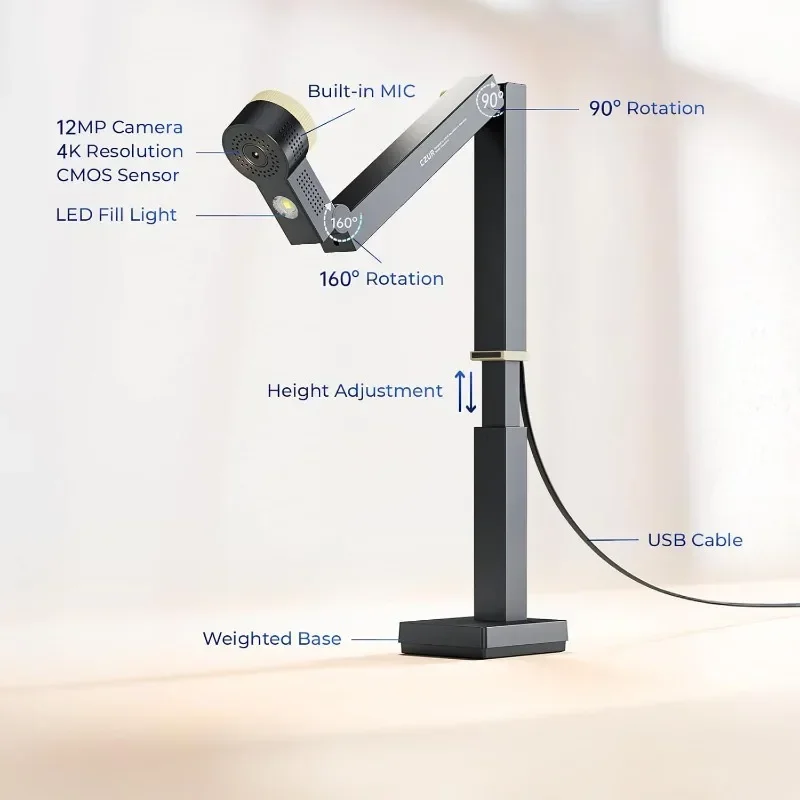 Hot Sellers.12MP USB Document Camera for Teacher, 4K Webcam with Microphone and LED Light, Up to 60fps, Auto Focus, for Rem.NEW