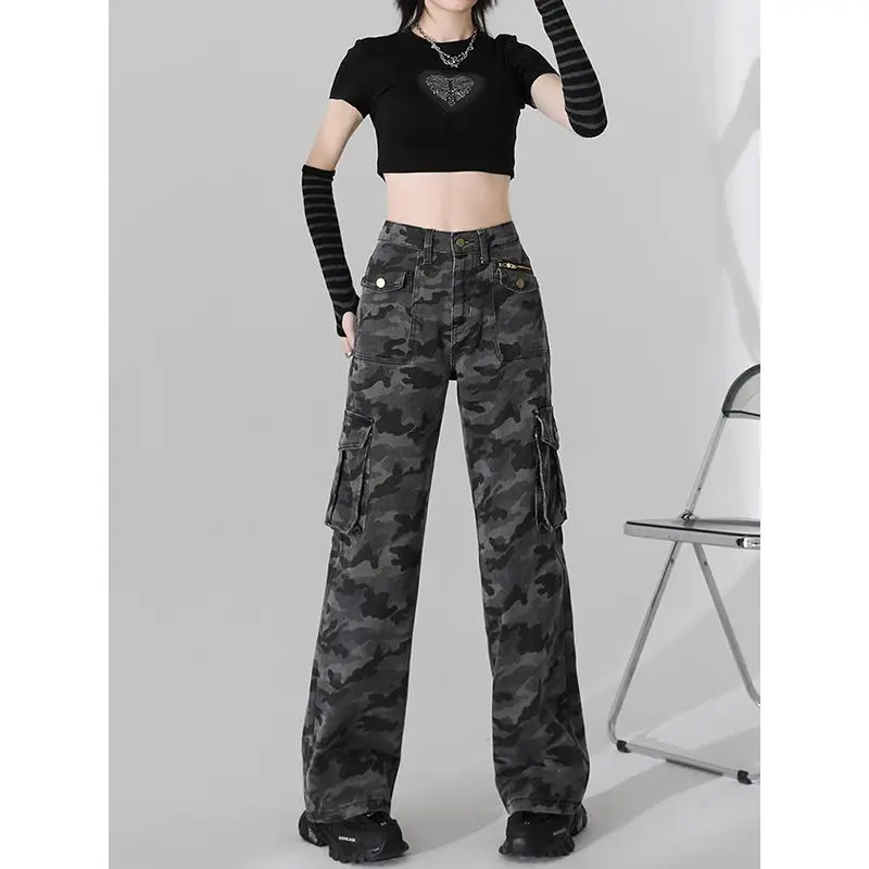 American Camouflage Cargo Pants Women Cool Spring Autumn High Waist Trousers Lady Vintage Pockets Jeans 2025 New Clothing