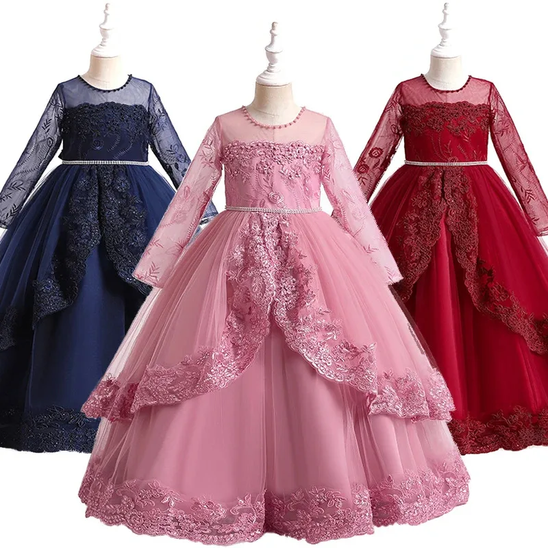 

Children Formal Occasion Luxury Wedding Bridesmaid Long Dresses for Girls Lace Flower Birthday Party Graduation Ceremony Dress