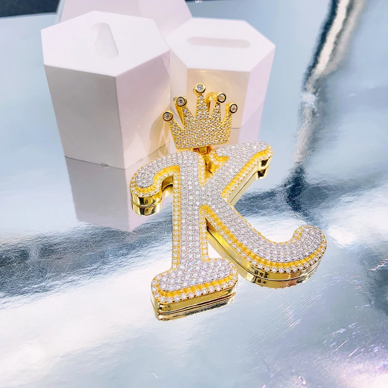 Hiphop Iced Moissanite Crown K Letter Pendant Women Men 925 Sterling Silver Moissanite Diamond 26 Alphabet Pendant Plated 2 Tone