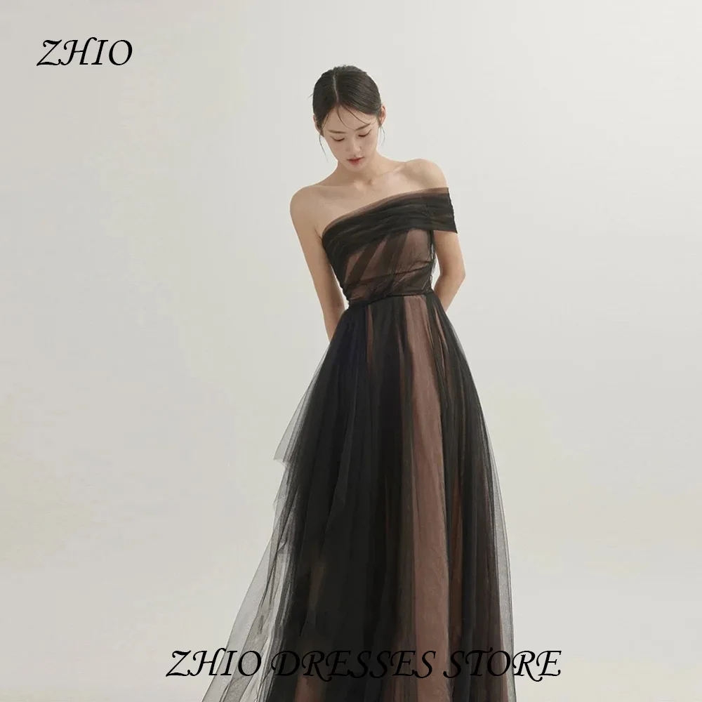 Zhi vestido de casamento de tule preto, vestido sem costas, simples, sem mangas, linha a, vestido de festa coreano, vestido formal personalizado
