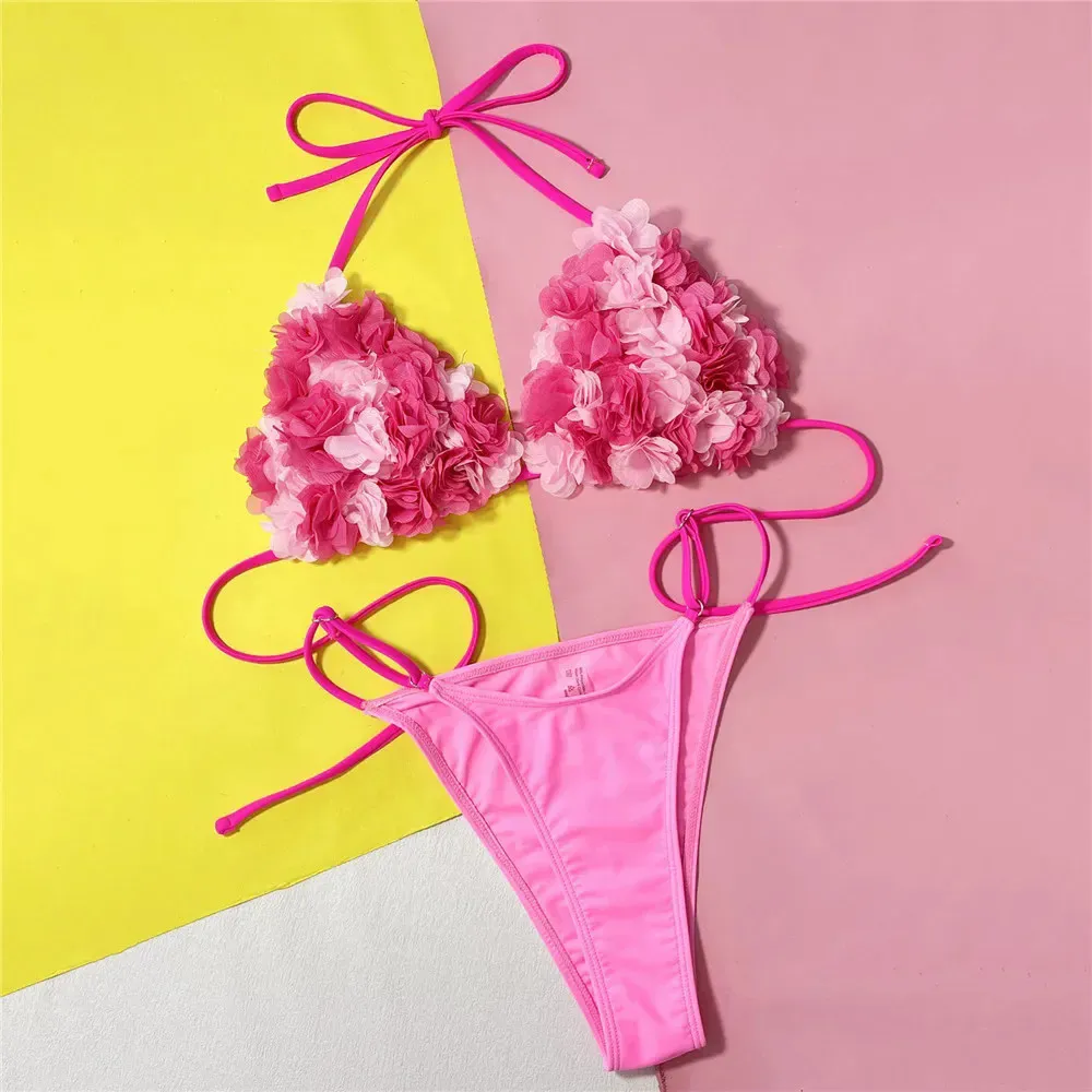 

Sexy Pink Flower Swimwear Triangle Halter String Micro Bikini Thong Swimsuit Women 2025 Mesh Petal Bathing Suit Bikinis De Mujer