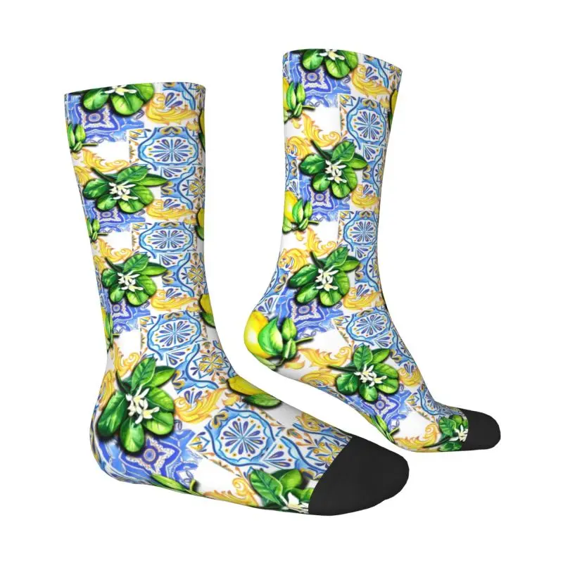 Custom Blue Tiles Lemons Summer Fruit Dress Socks Men Women Warm Fashion Novelty Crew Socks