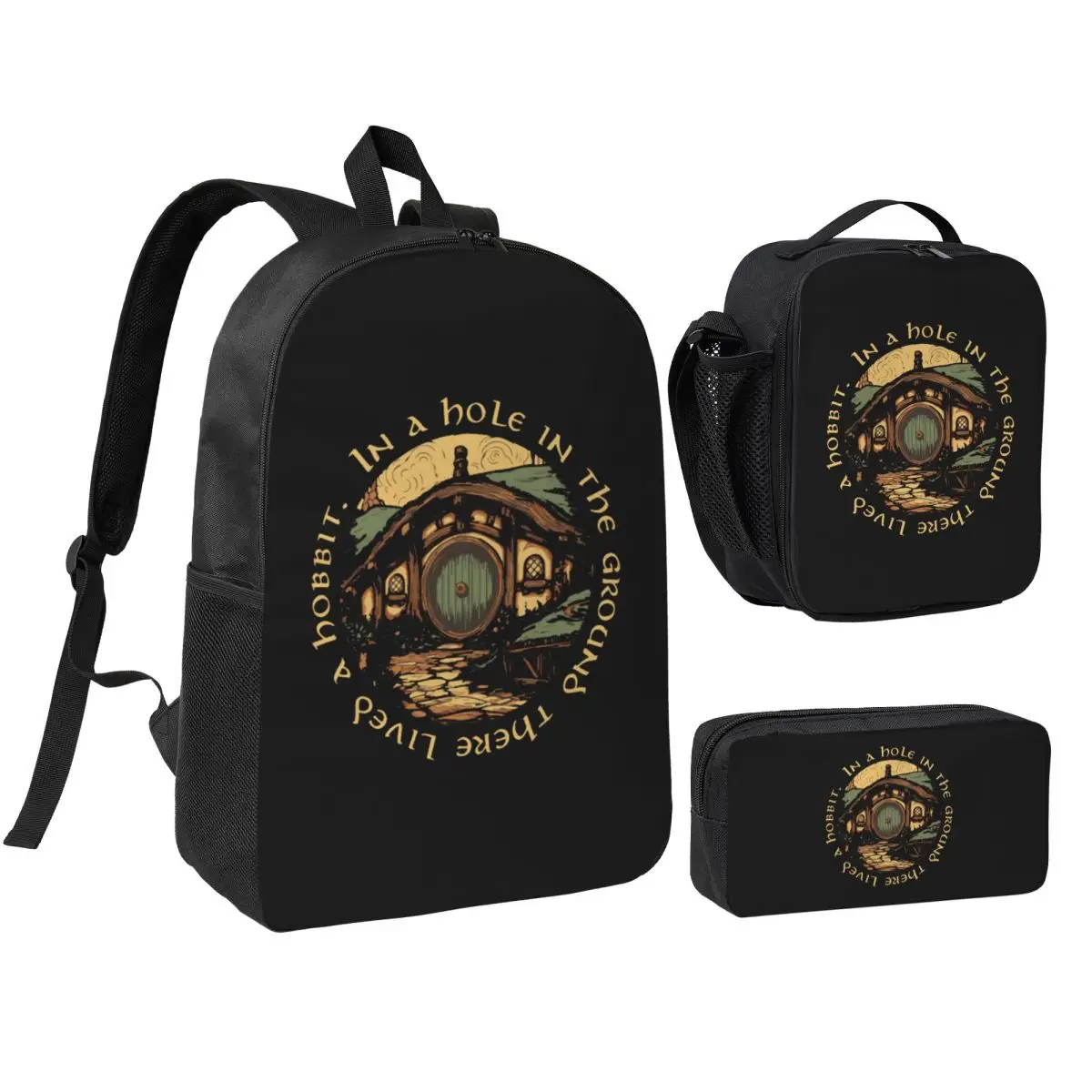 

In A Hole In The Ground There Lived A Hobbit Backpack BookBag School Bag Shoulder Bags 3ps Insulated Lunch Bag Pencil Case