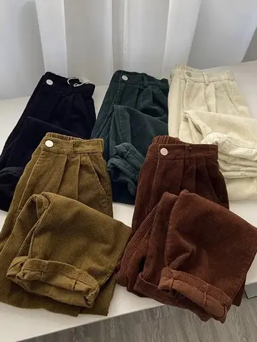 Retro High Waist Corduroy Pants Women Spring Fall Straight Causal Full Length Trousers Korean Fashion Baggy All Match Black Pant