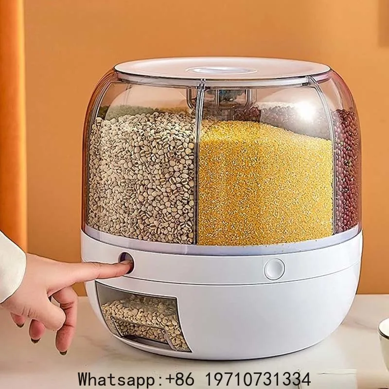 

360° rotating 6-grid grain dispenser, one-touch output storage container for rice grain sealing and moisture-proof organizer