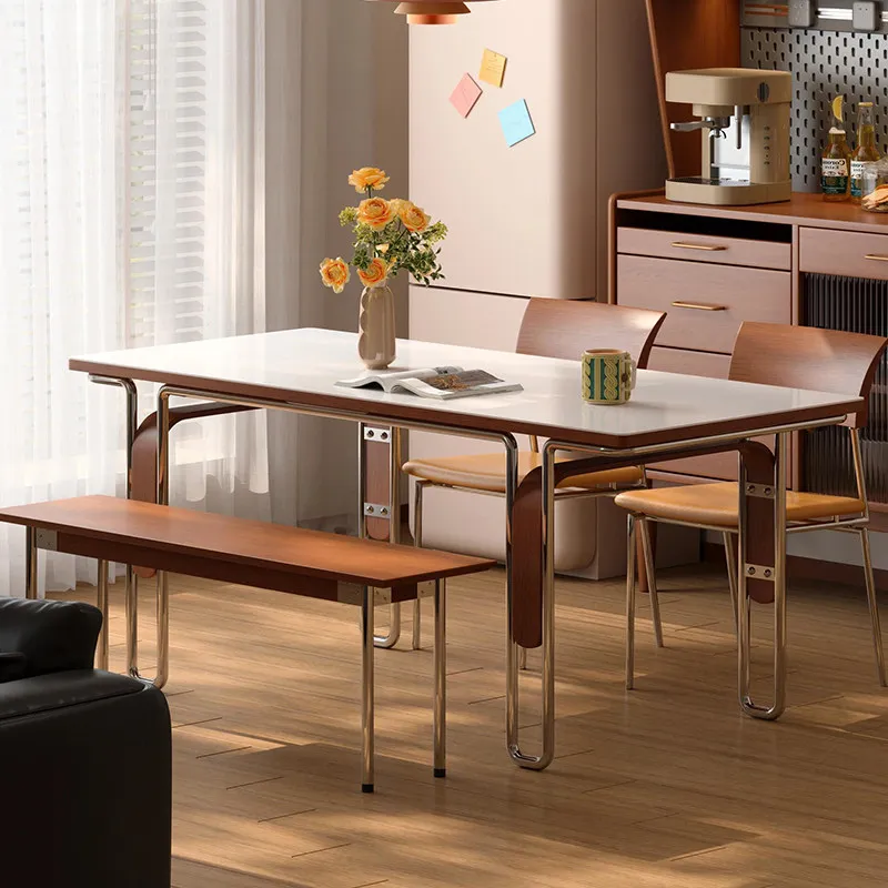 q*-Retro Industrial Waterproof Dining Table with Sintered Stone Top and Wood Chrome Metal Frame for Home and Hotel Use