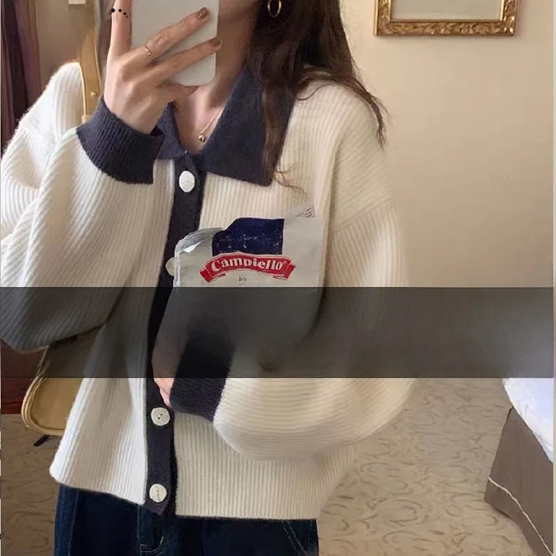 

Autumn Winter Thiened Knitted Open Cardigan Women ort Sve Ne Sweater Outerwear Retro Collar Color Blo Loose Fit