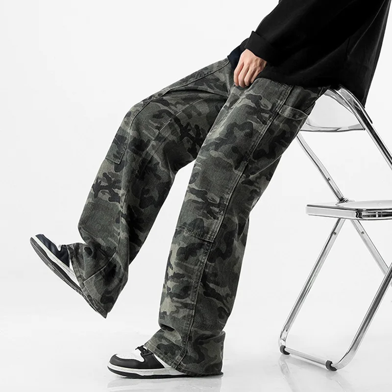 American Heavy Camouflage Jeans Men Y2k Spring And Autumn Retro Hiphop Straight Leg Overalls Army Green Wide Leg Mop Pants Tide