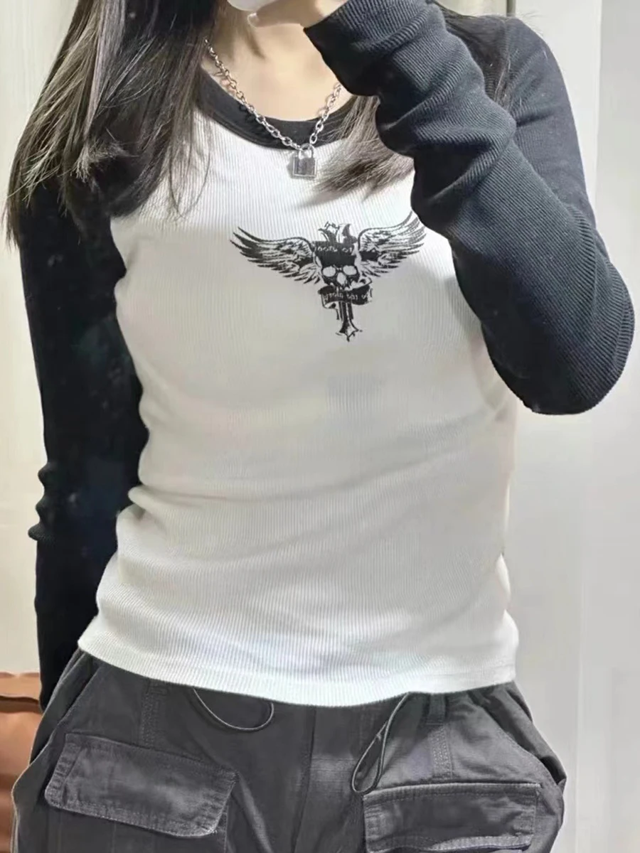 

Женская Винтажная футболка с длинным рукавом, Повседневная летняя Классическая футболка составного кроя с рисунком черепа, крыльев, Y2k, 2024