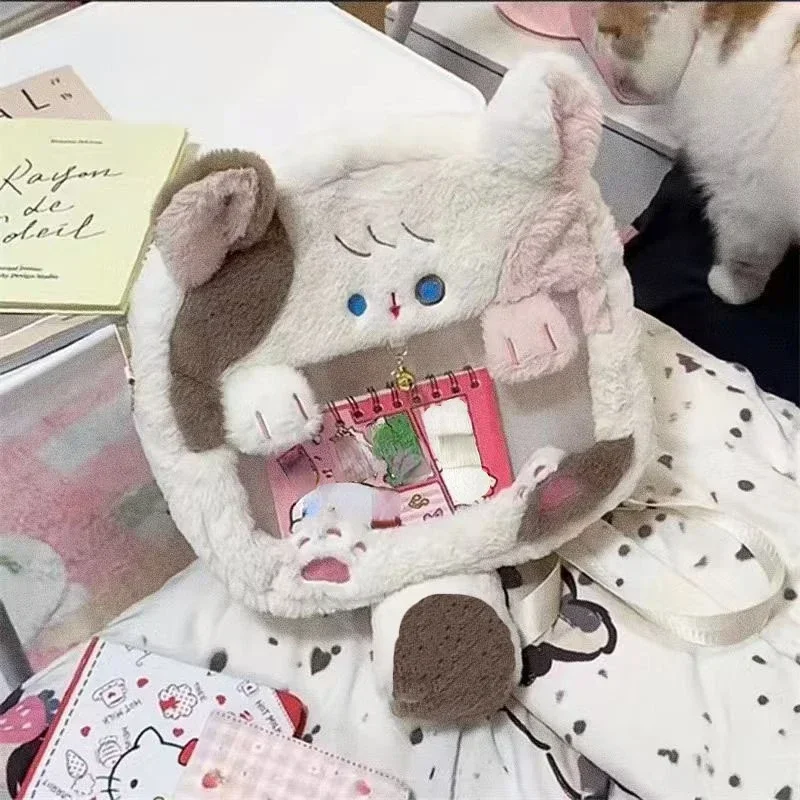 Xiuya Plush Cat Womens Shoulder Bag Fluffy Cute Japanese Fashion College Style Backpack Kawaii All-match Female Crossbody Bag image 3