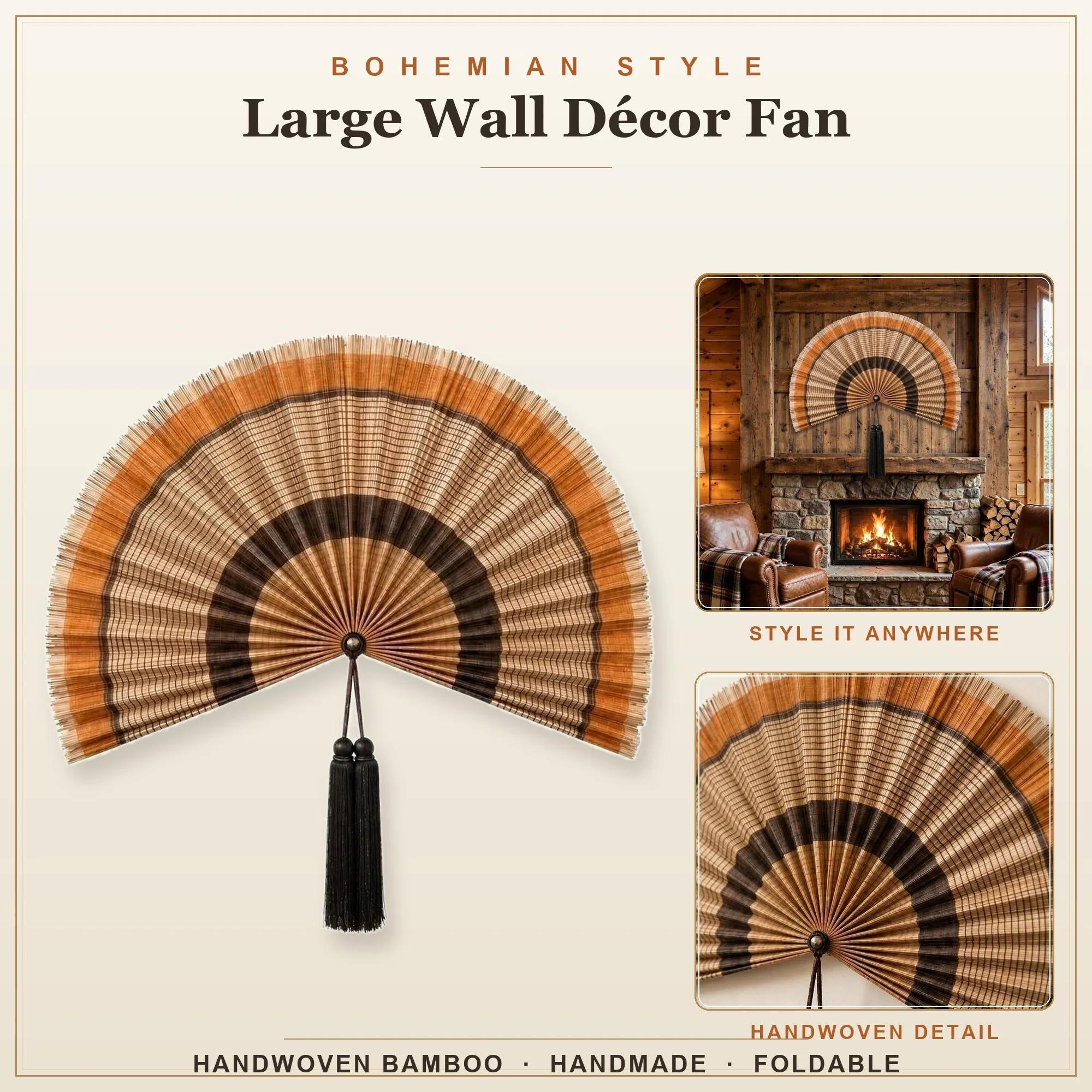 Bohemian-style hand-woven bamboo wall fan, a unique ethnic style wall-mounted fan for living room, hotel, and home decoration