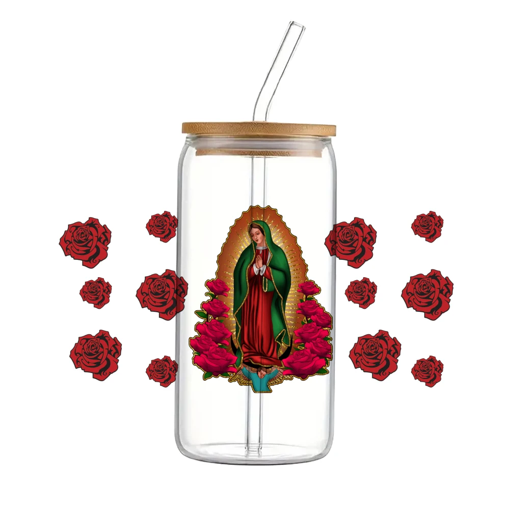 

Mexican StyleVirgin Mary 3D UV DTF Wraps Transfer Sticker DIY For 16oz Libbey Glass Cup Waterproof Wrap Transfers Decals Cup