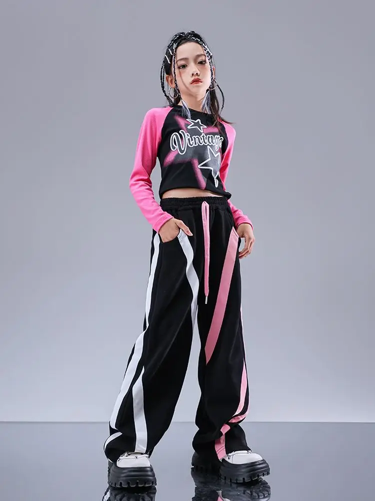 Boys Hip Hop Fashion Sweatshirt Contrast Loose Pants Girls Crop Top Streetwear Child Street Dance Clothes Sets Kids Jazz Costume