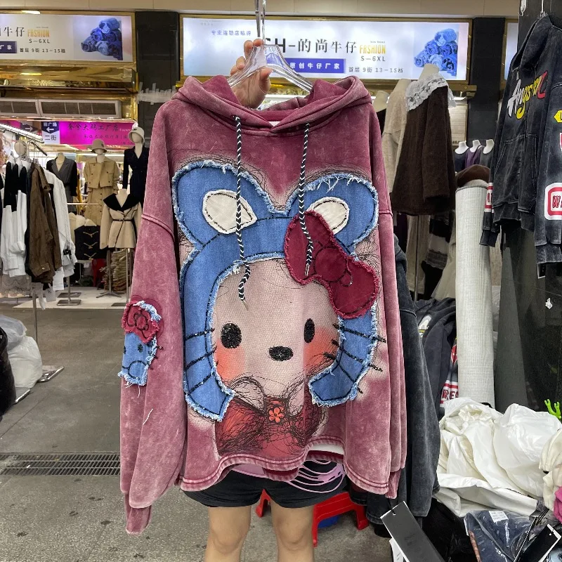 Heavy Industry Patchwork Cartoon Washed Vintage Hoodie Autumn New Loose Slimming Versatile Pullover Top Long-sleeves Sweatshirts