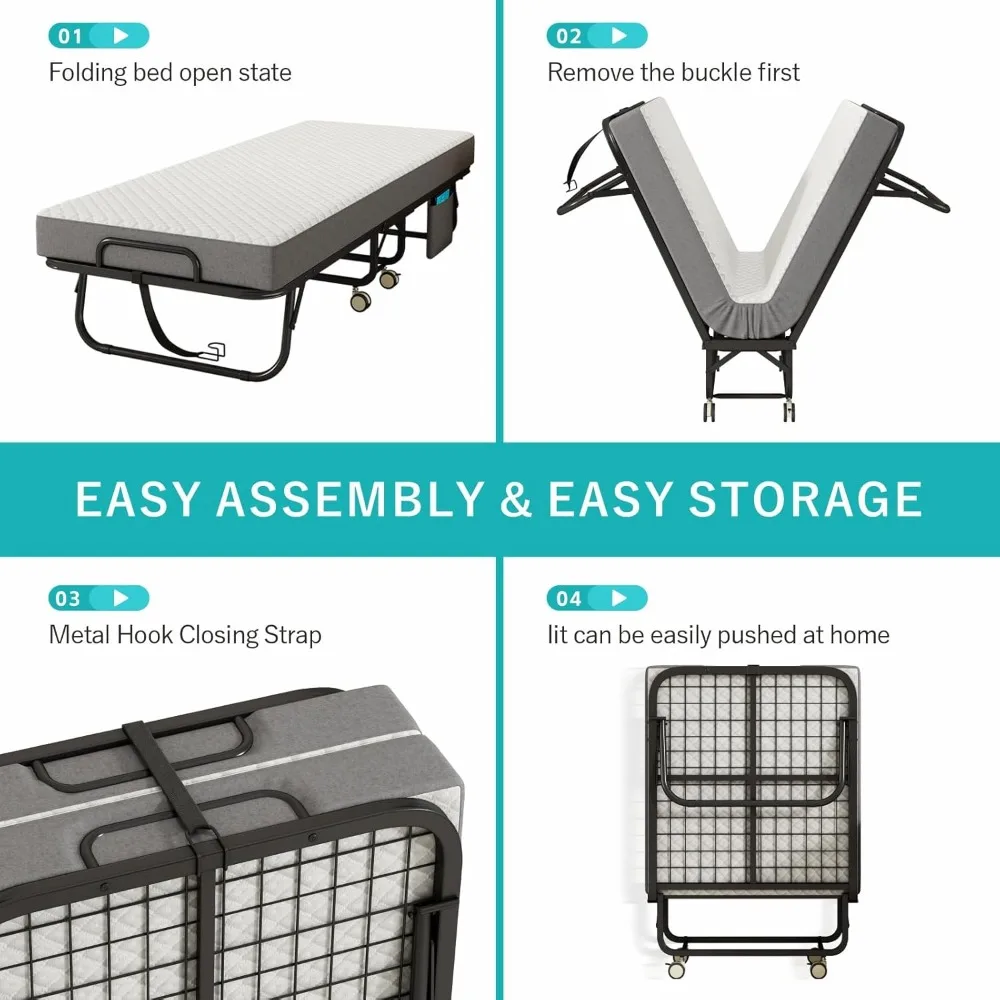 سرير قابل للطي مع مرتبة للبالغين، سرير قابل للطي بحجم سرير محمول مقاس 75 × 31، سرير ضيوف قابل للطي بإطار معدني مع إسفنج ميموري ما
