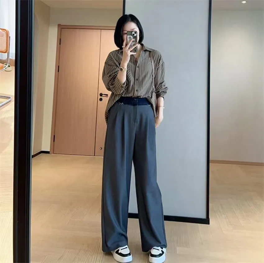 Fenggejiwo women's casual wide leg pants with contrasting color splicing, waist hanging and wrinkle resistant straight leg wide