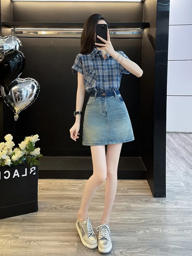 Summer Fashion Checkered Shirt And Denim  Skirt Two-Piece Set Women's Light Maturity Style Slimming Effect Polyester Fiber