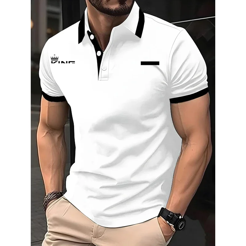 Camisa polo masculina, camisa de golfe, esportes casuais, lapela, manga curta, elegante, remendo de bloco de cores básico, regular de verão, adequado
