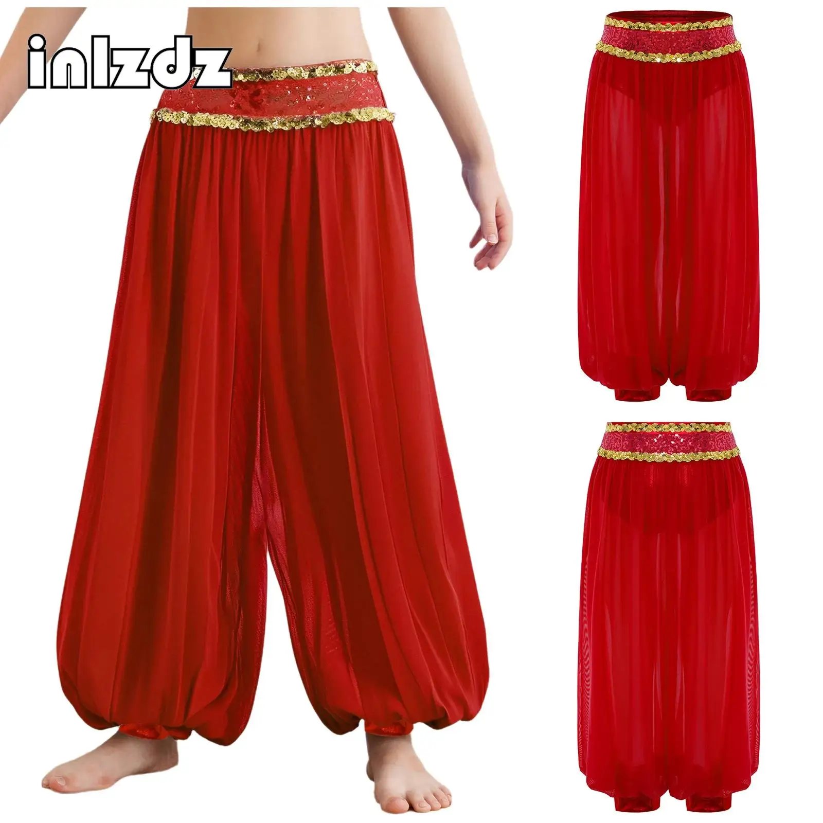

Shiny Sequins Belly Dance Stretchy Pants for Kids Girls Sheer Mesh Bloomers Halloween Theme Party Trousers Performance Costume
