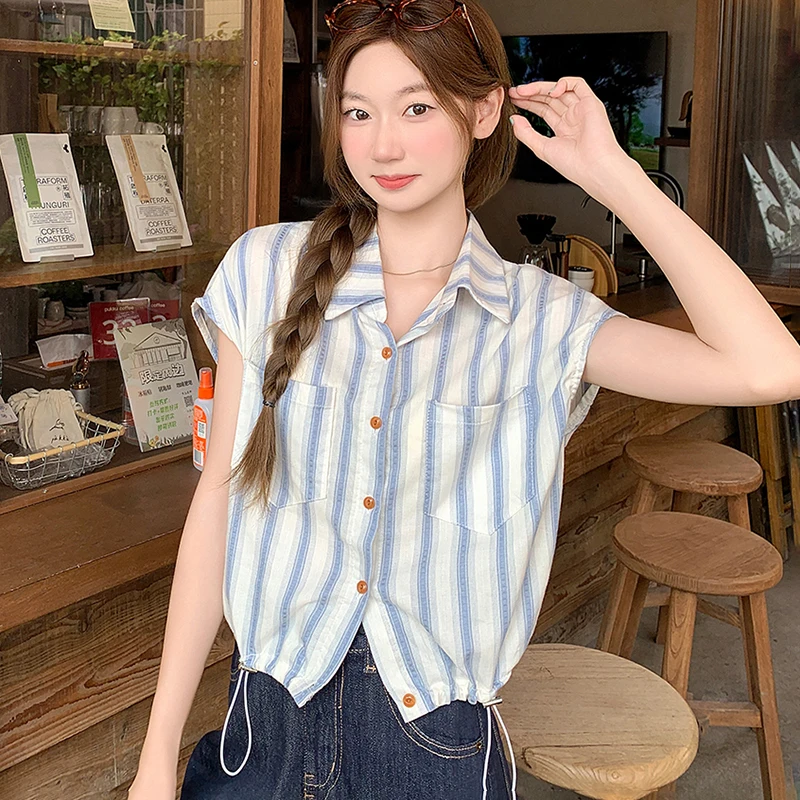 

Striped Casual Women Shirt Summer Loose O Neck All Match Simple Female Blouse Korean Daily Commuting Fashion Ladies Tops New