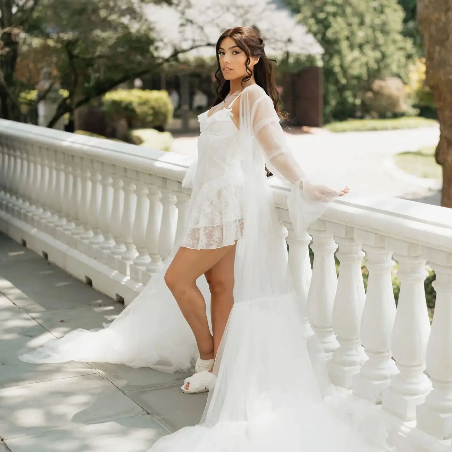 

Simple White Bridal Dress for Women 1 Piece A Line V Neck Wedding Prom Dress Nightwear Customized Sheer Tulle Bridal Robes