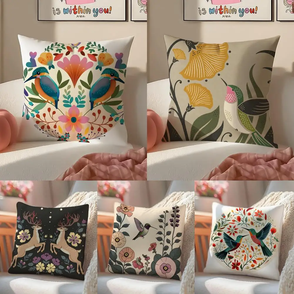 Natural plant, bird, and flower prints Cushion Cover Silky elegant Comfort Sofa Bed Invisible zipper Beach pillowcase