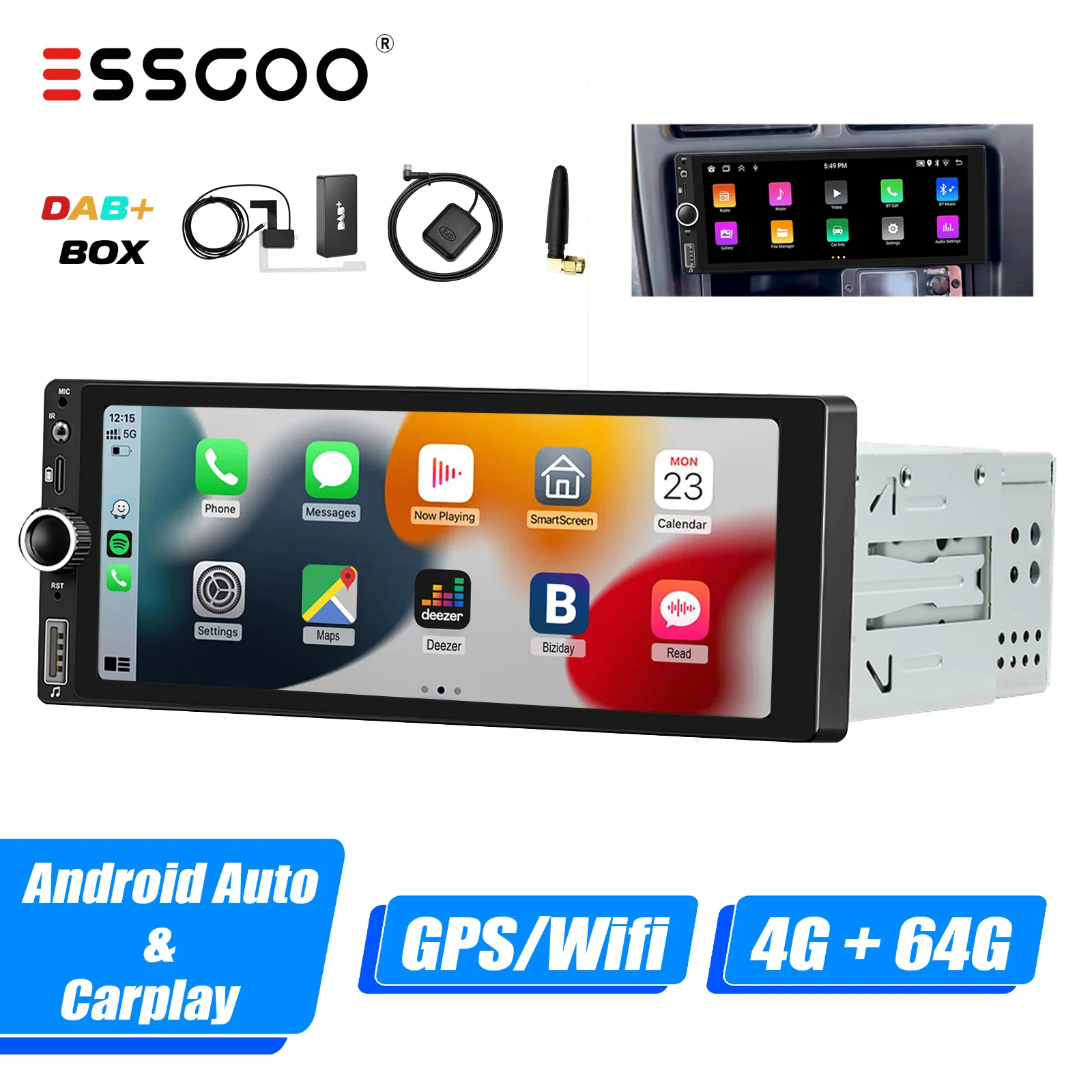 ESSGOO 1 DIN Android 14 4+64G Apple Carplay Android Auto Autoradio 6.86" IPS Scherm Bluetooth USB Type-C GPS SAT Navi RDS Wi-Fi SWC USB