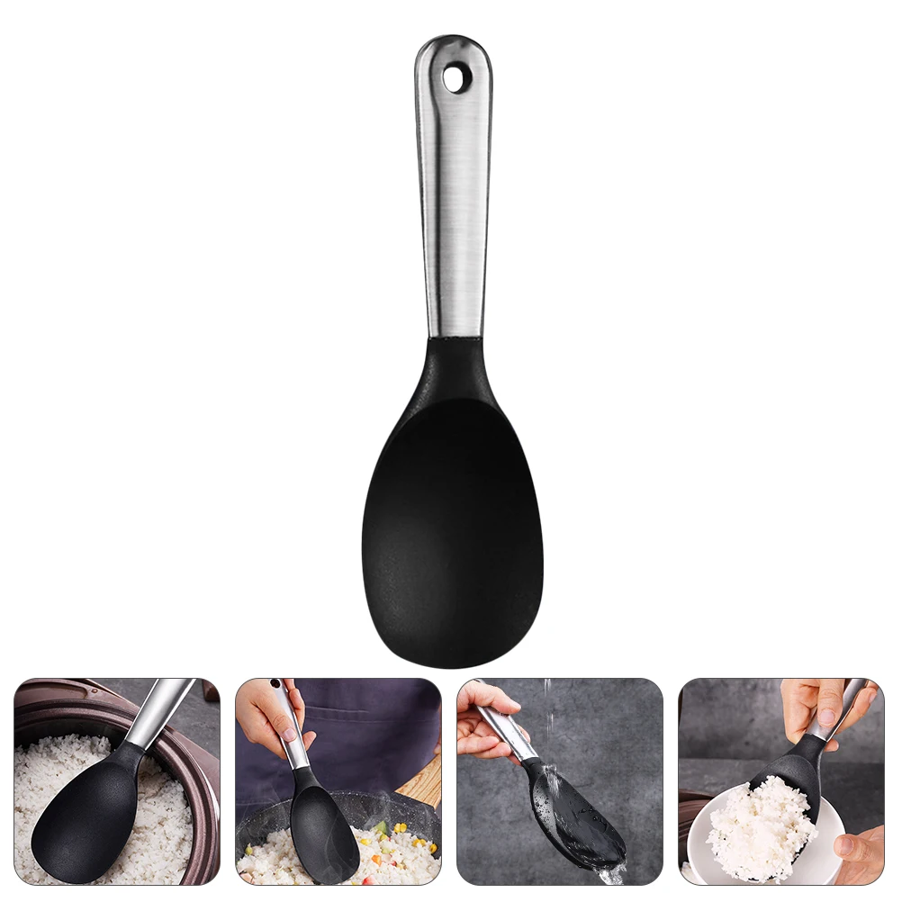 

Thickened Silicone Rice Spoon Stainless Steel Long Handle Non-Stick Food Serving Utensil For Cooker Kitchen Hanging Hole