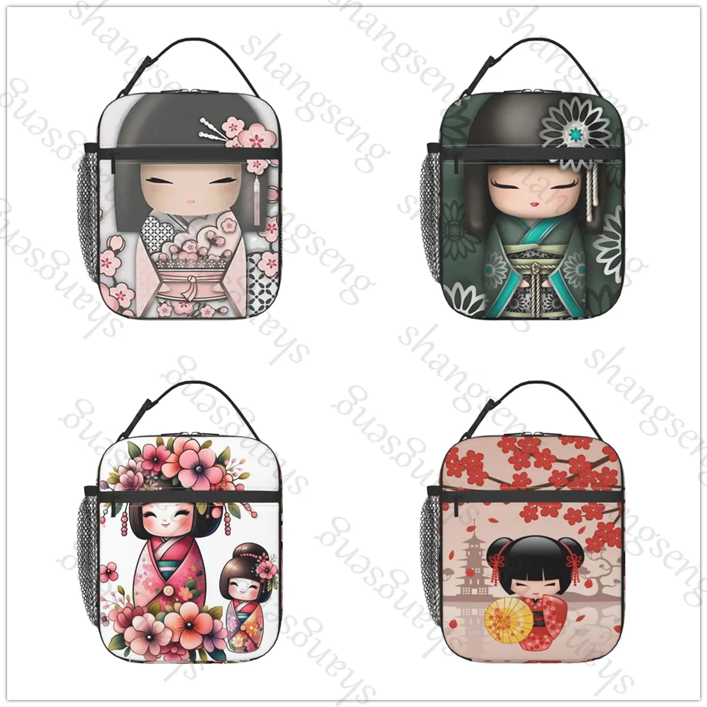 

Japanese Red Sakura Kokeshi Doll Insulated Thermal Bag Lunch bag Foods Drink Storage Leakproof Picnic Camping Bags Outdoor