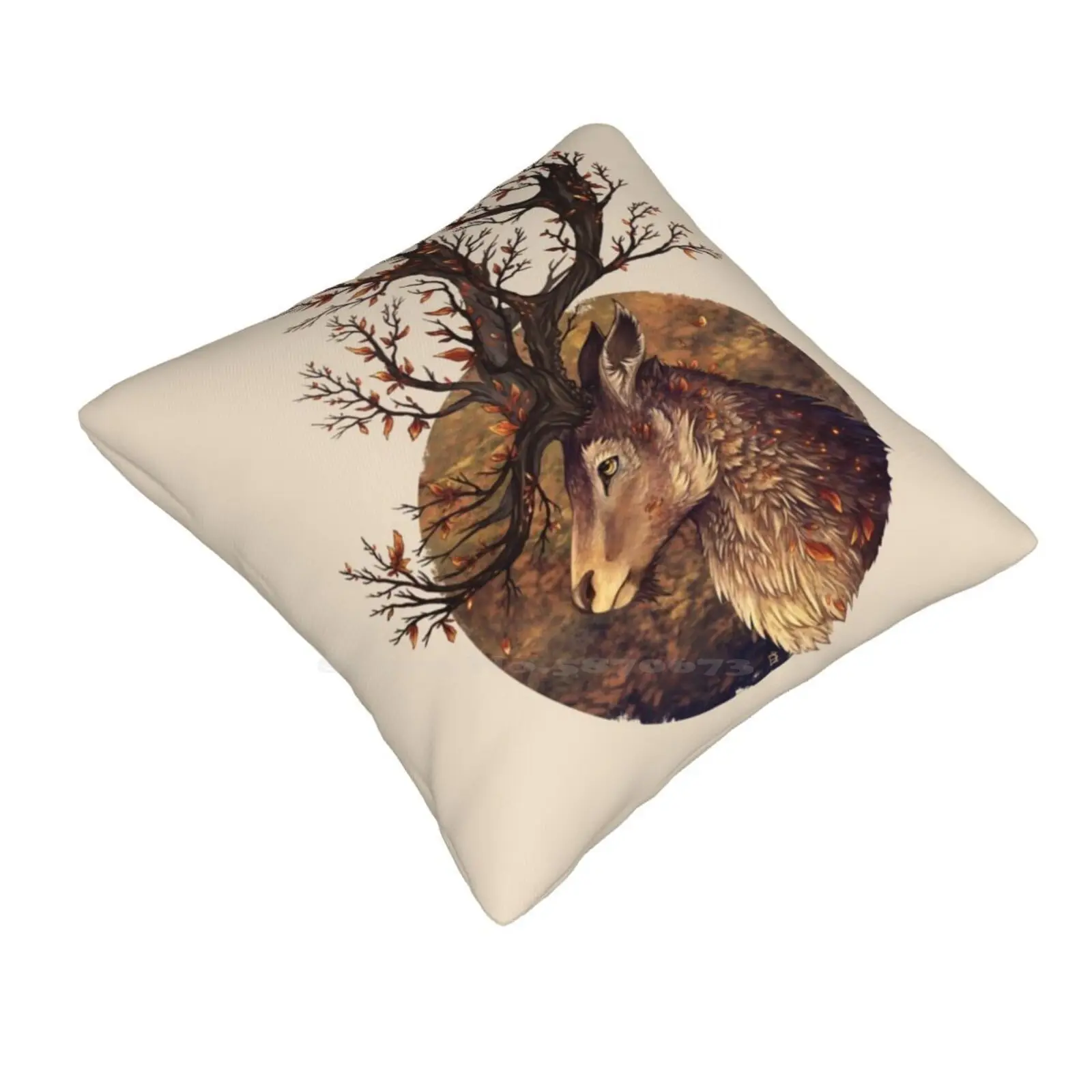 Autumn Embers Throw Cushion Pillow Cover Stag Autumnal Embers Deer Leaves Branches Bust Portrait Fantasy Realistic Animal Woods