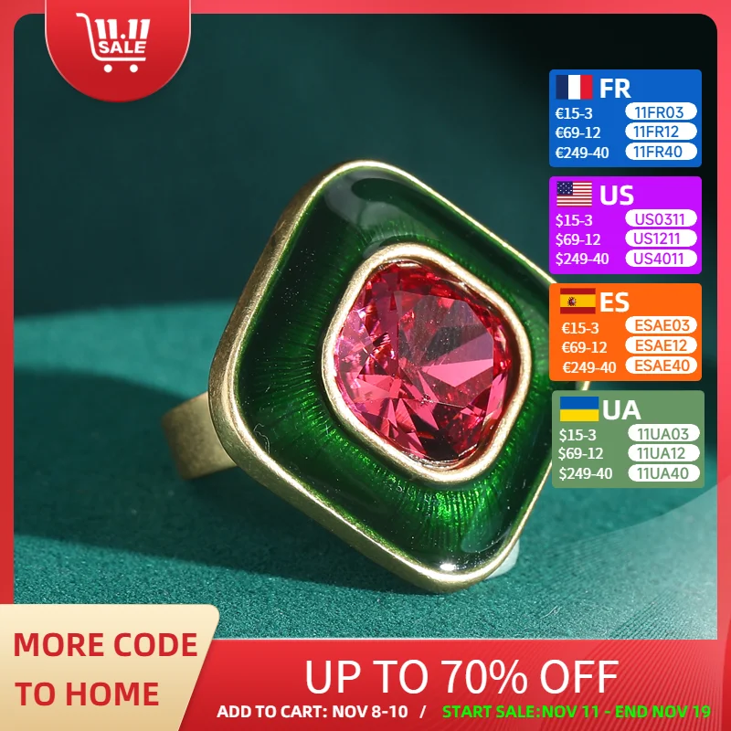 

Vintage Pink Crystal Square Rings for Woman Green Enamel Gold Color Antique Jewelry Luxury Accessories Summer Retro Outfits New