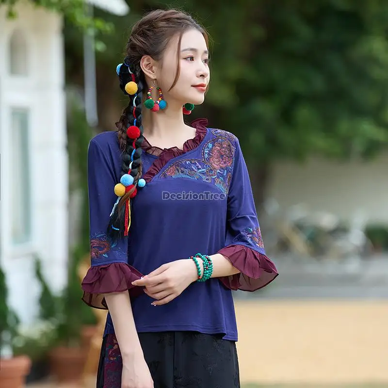 

2023 chinese retro ethnic style new embroidery seven-point sleeve round collar top national casual daily chinese blouse s151