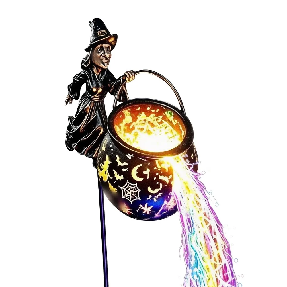 Halloween Outdoor Stake Light Featuring Witch Silhouette and Glowing Cauldron for Pathway Flower Bed Decoration