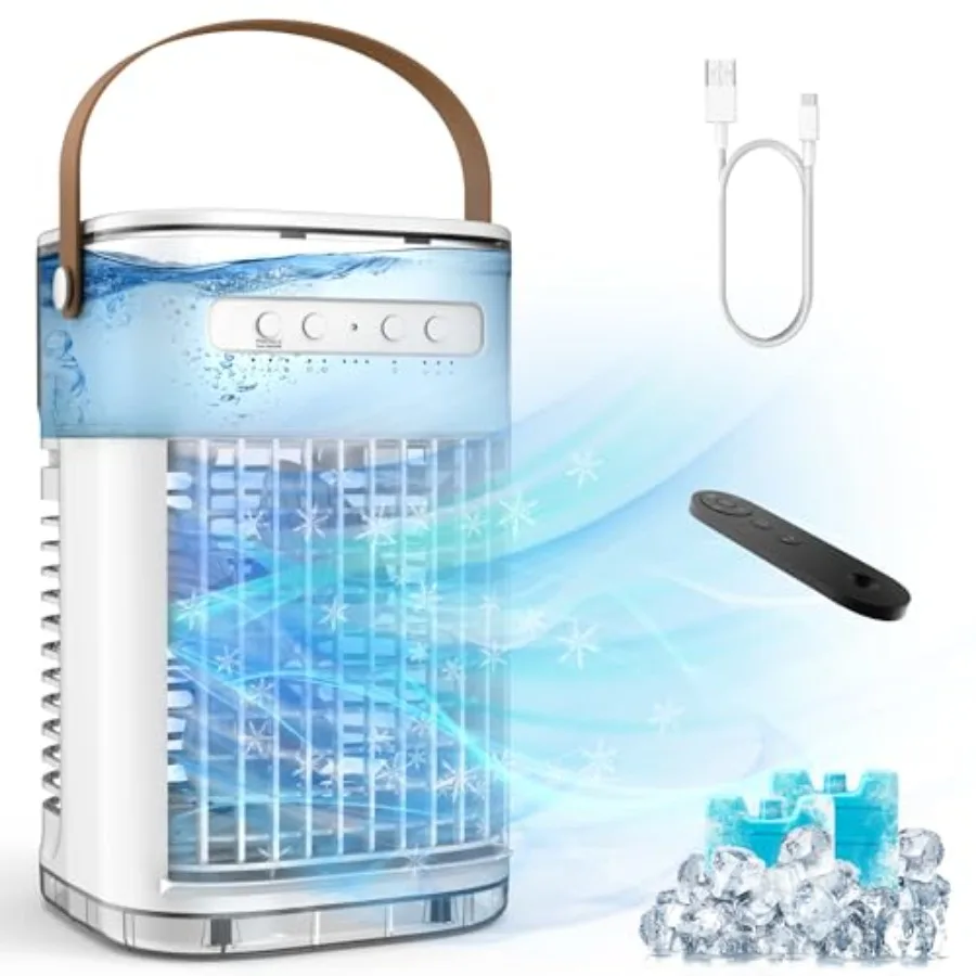 

Portable Air Conditioners, 3-1 Mini Evaporative Air Cooler w/Remote, 1.2L Water Tank and 2 Ice Boxes, 7H Timer, USB Charging, 3